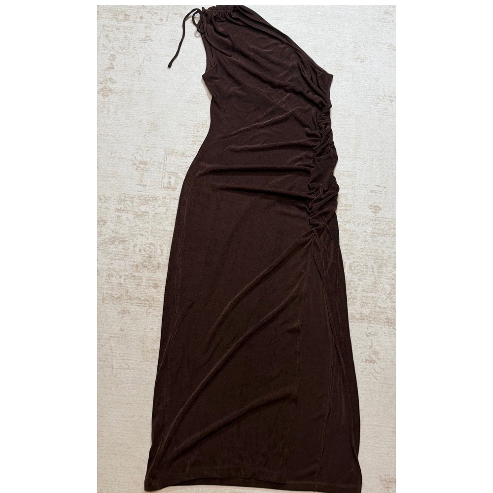 RNWY Brown One Shoulder Ruched Maxi Dress Side Slit Metallic Slinky M US 6